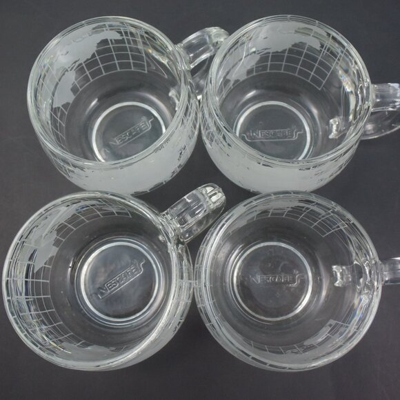 4 Vintage Nescafe Etched Clear Glass World Map Coffee Mugs - Picture 5 of 7